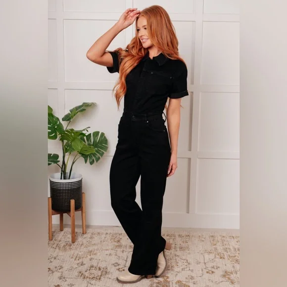 NWT Judy Blue Short Sleeve Straight Tummy Control Black Denim Jumpsuit